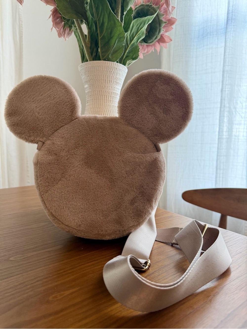 Beige Plush Mickey Mouse Ear Crossbody Bag